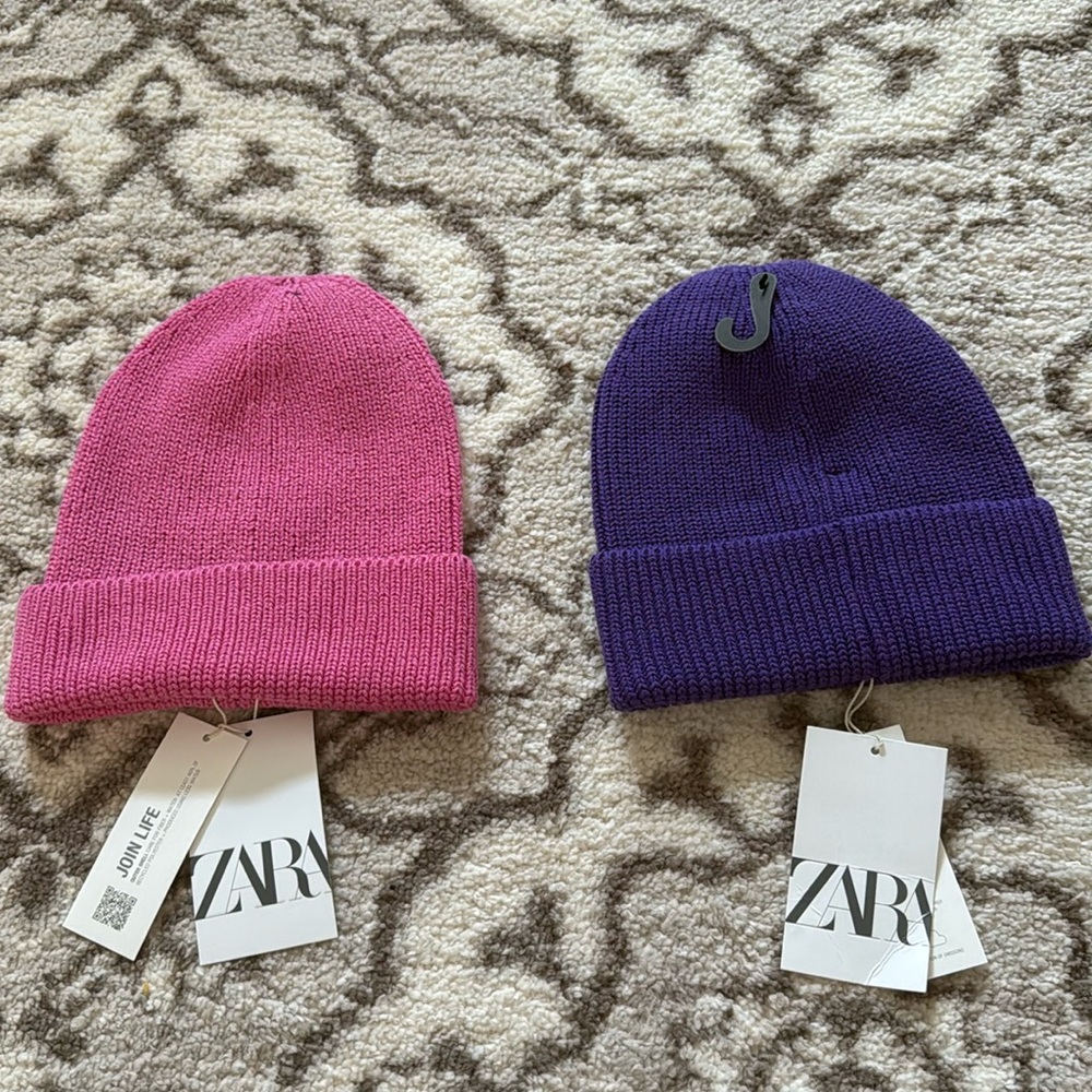 New Zara Kids Knit Beanie winter hat Pink Purple  10-14